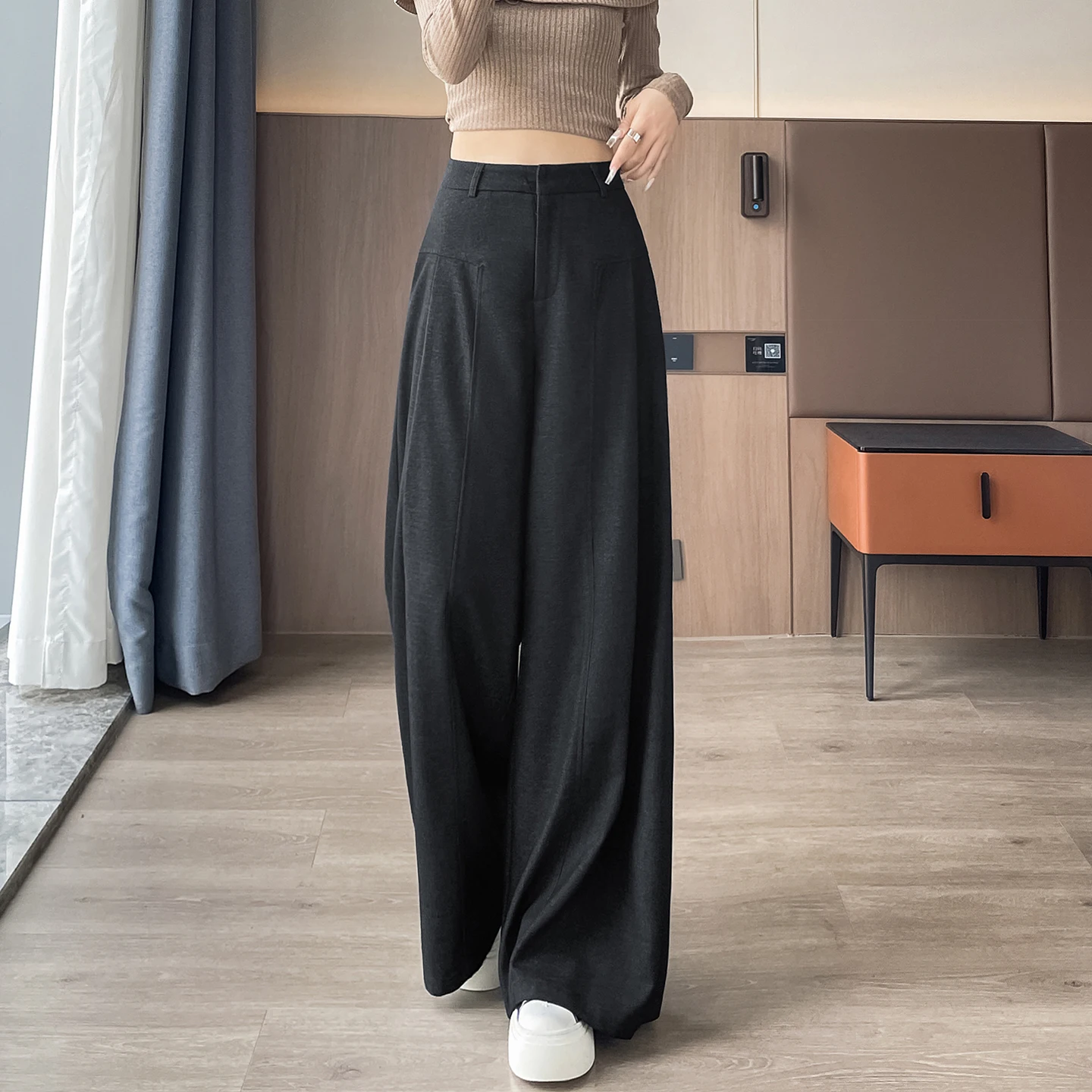 กางเกงขายาวทรงขากว้างสำหรับผู้หญิง สีน้ำเงินเข้ม แบบเดนิม เอวสูง ช่วยเก็บหน้าท้อง ทรงหลวม ขาตรง สไตล์ลำลอง ยาวคลุมเท้า