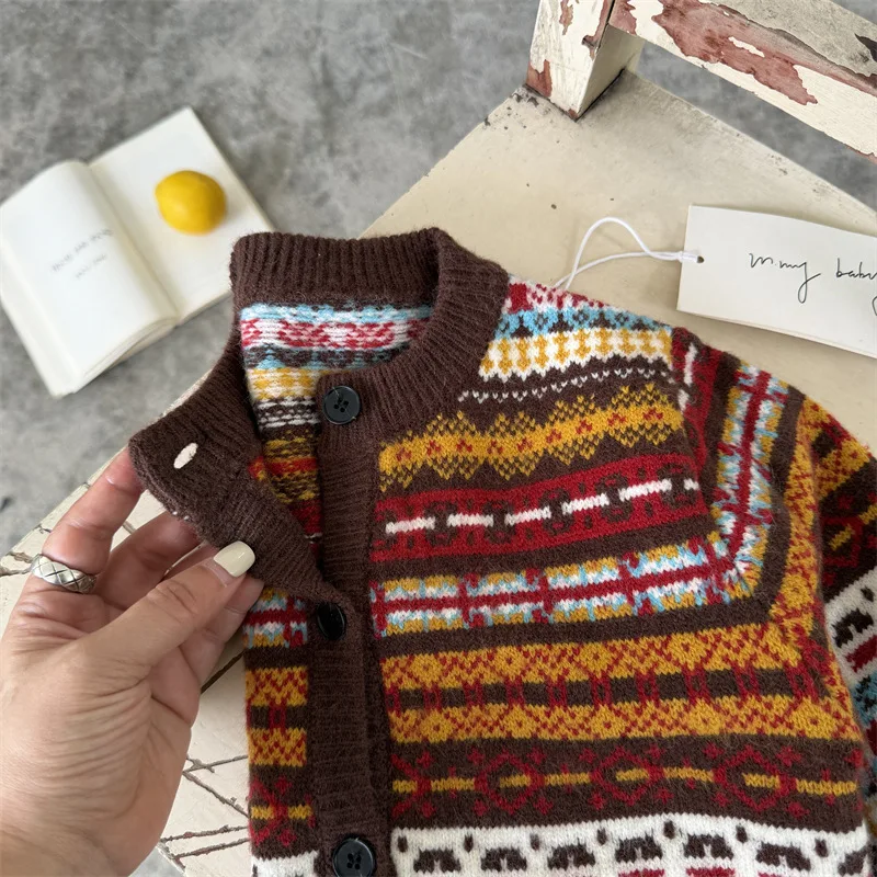 Children's Sweater 2026 Autumn New Boys' and Girls' Color blocked Sweater Cardigan Baby Retro Knitted Coat