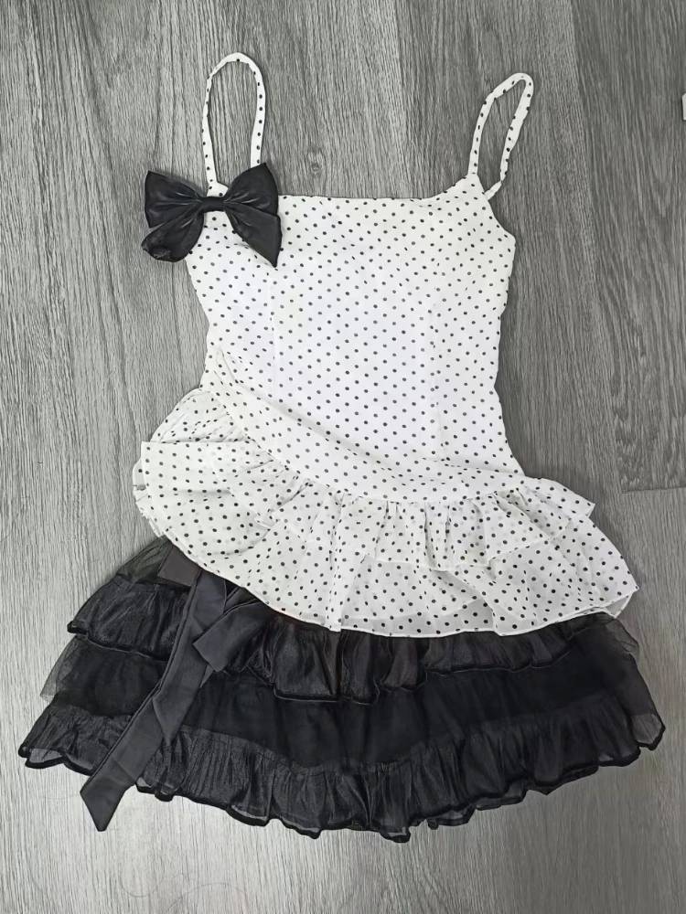 Summer Sweet Slim Sling 2 Piece Set Women Kawaii Chic Bow Thin Polka Dot Tops Female + Fashion Sexy Solid Ruffle A Line Dresses