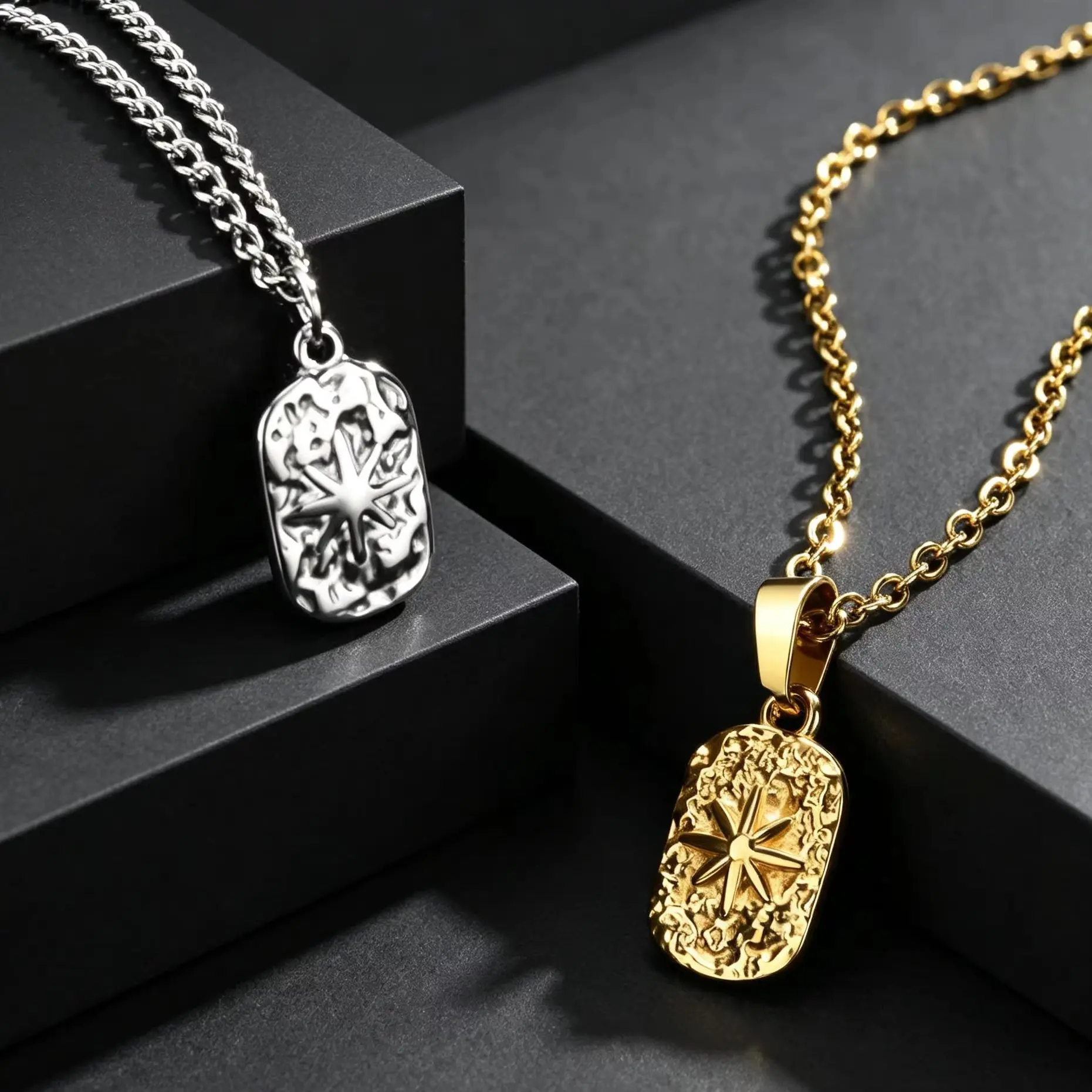 Fashion Eight Point Star Tag Pendant Necklace for Men, Stainless Steel Geometric Square Charm Necklace, Vintage Punk Jewelry