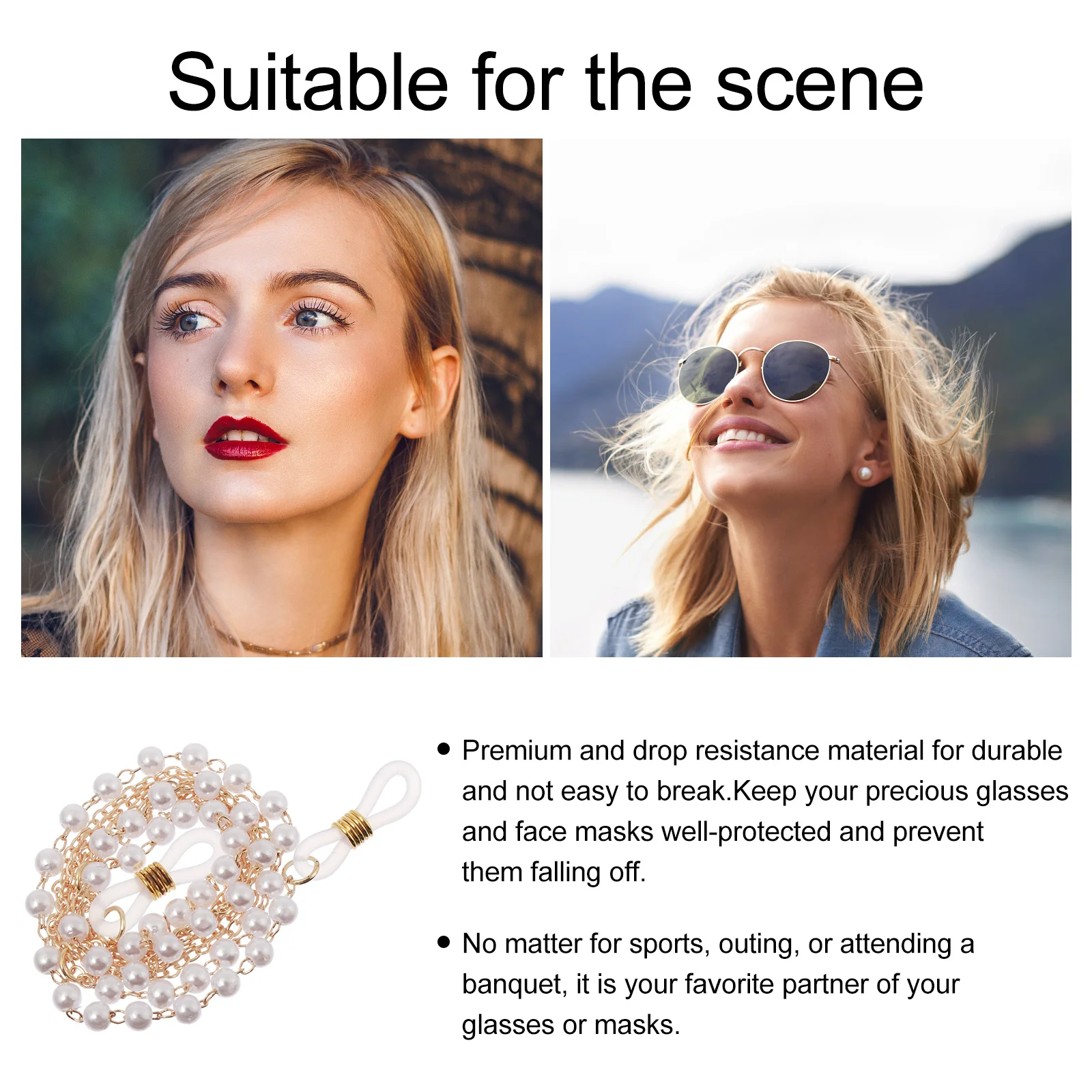 

2Pcs Women's Pearl String Eyeglass Chain Premium Drop Resistant Eyewear Retainer for Daily Wear Outdoor Use Eyeglass Chain