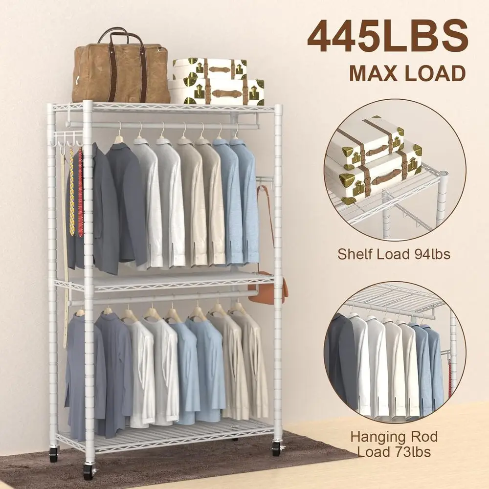 Adjustable 3-Tier Heavy-Duty Rolling Clothes Rack with Double Rods, Side Hooks, Holds 445lbs, White
