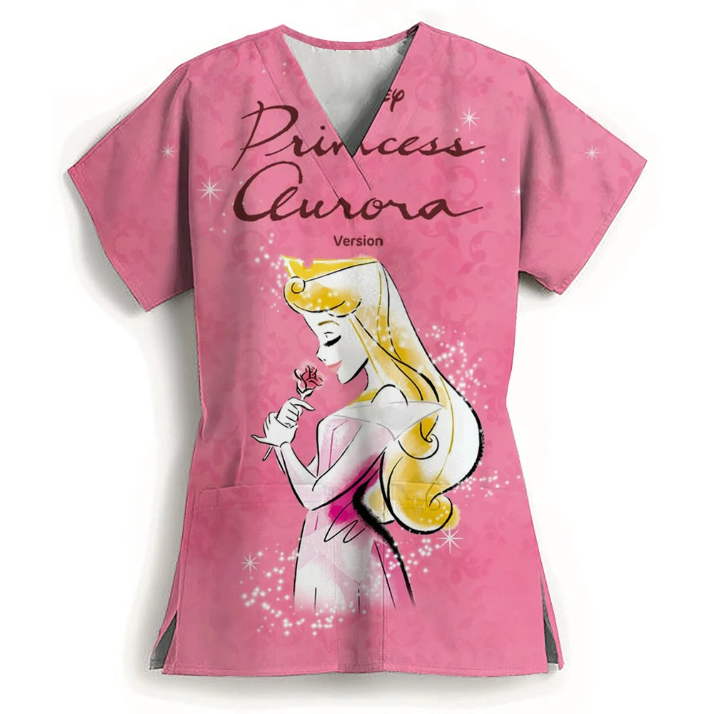 Disney Uniform Women's Cartoon Disney Princess Print Frozen Elsa Nurse Work Shirt Pocket Gown Christmas Healthcare Nurse Scrubs