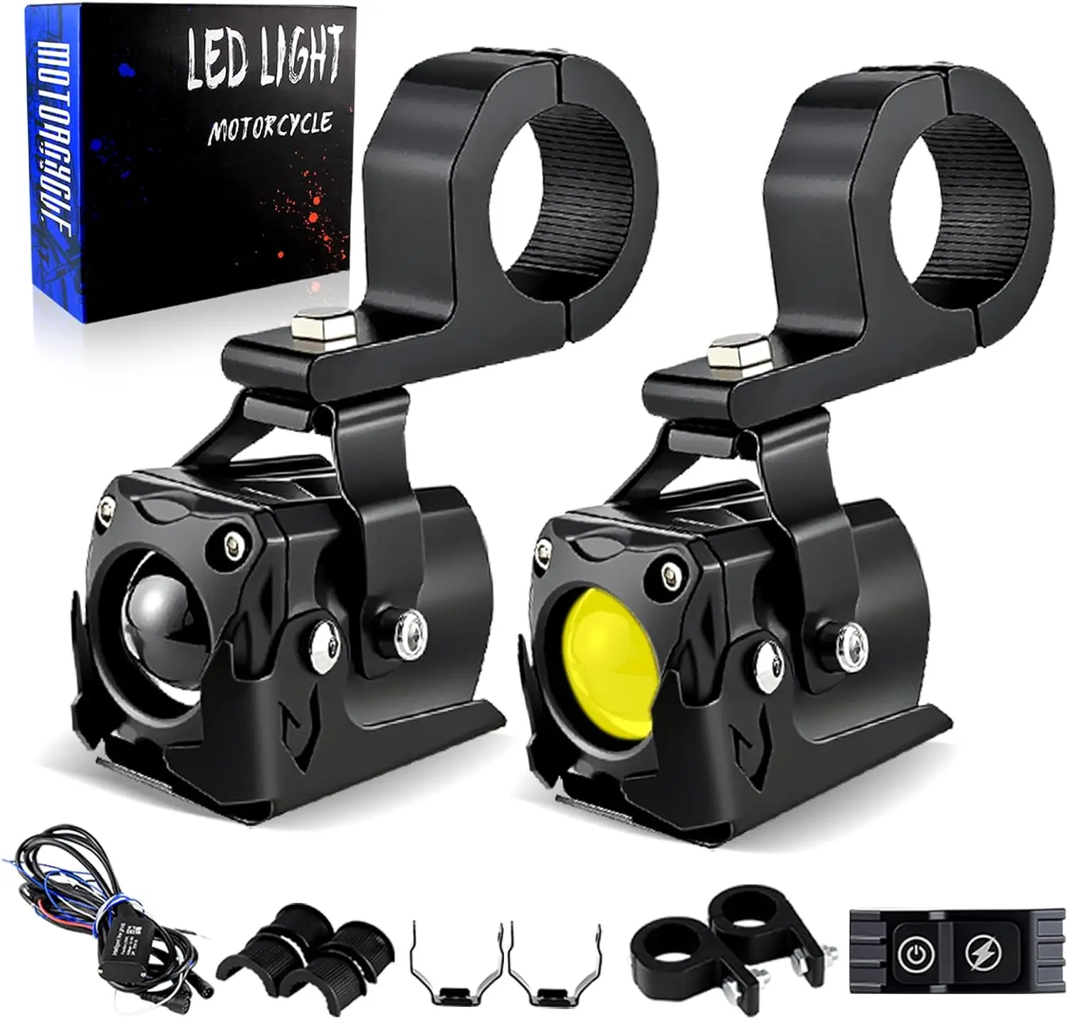 

Motorcycle Lights LED Auxiliary Spotlights Driving Fog Light, with Mount Brackets 7 Modes White/Amber Dual Color , 2PCS