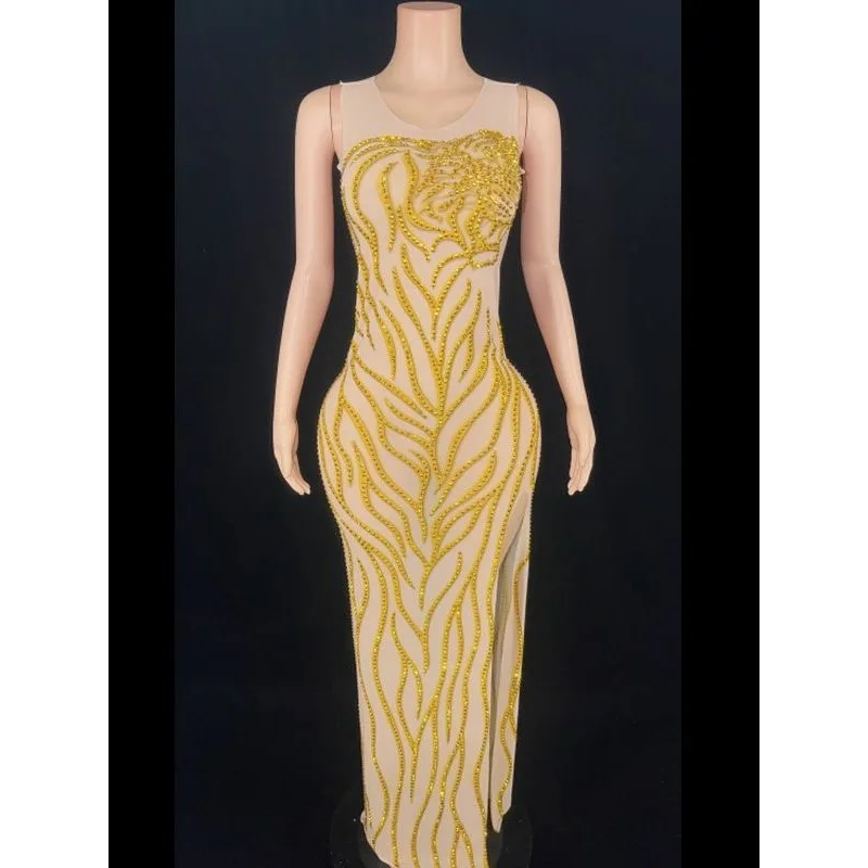 

Multi-colored Rhinestone Perspective Mesh Elastic Slim Dress Sexy Stage Performance Clothes Women Dresses For Party And Wedding
