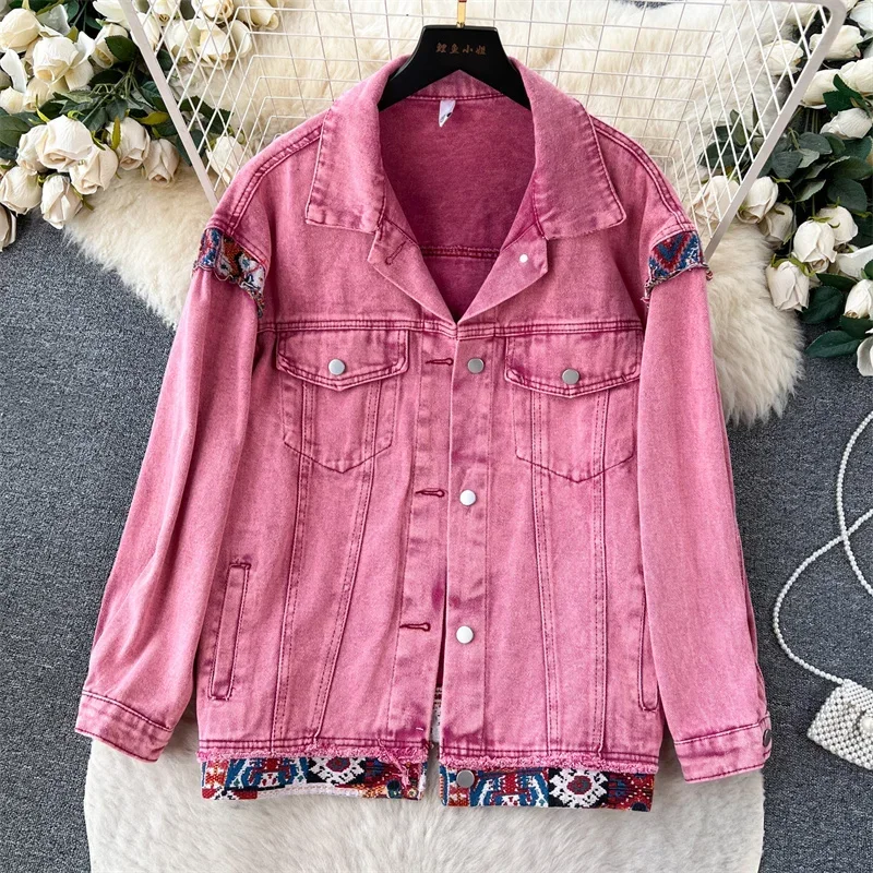 

Harajuku Vintage Pink Short Denim Jacket Fashion Patchwork Contrast Color Casual Long Sleeve Jeans Jacket Coat Spring Autumn New