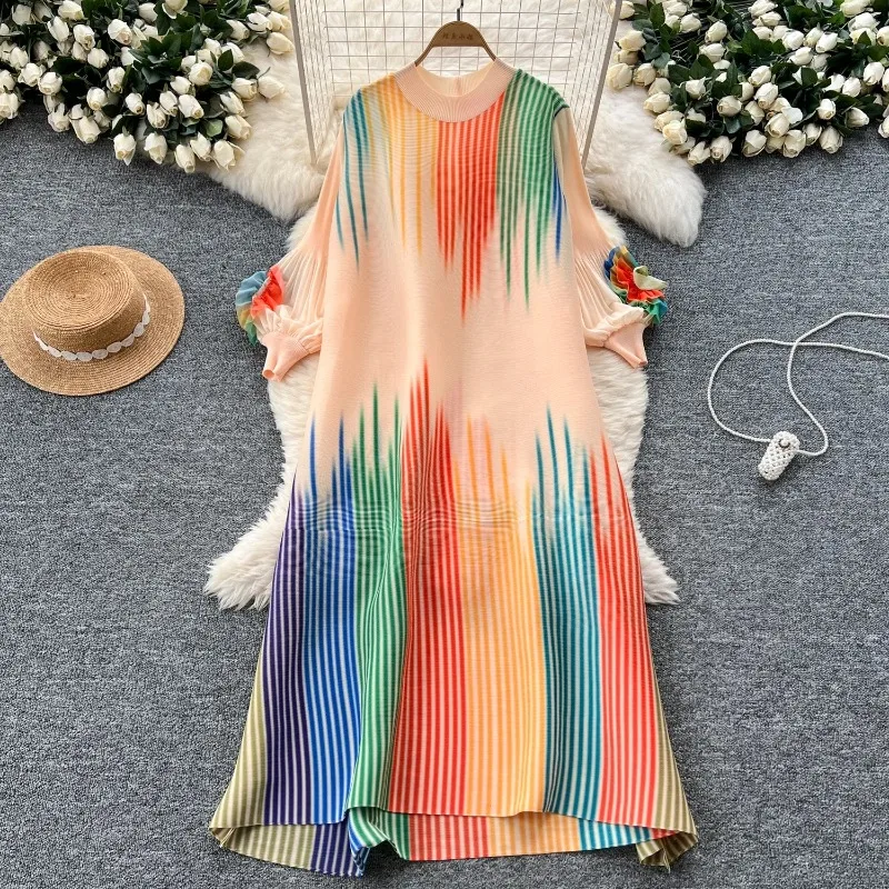 Elegant O-neck Long Sleeves Chic Gradient Color Striped 3D Floral Loose Long Dresses Fashion Evening High Street Winter Clothing