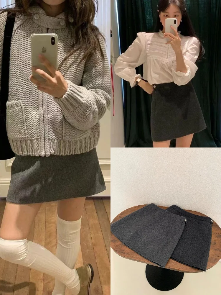 

Retro High Waist A-Line Skirt Woolen Simple Design Autumn Collection for Young Women Knitted Fabric No Brand Registered