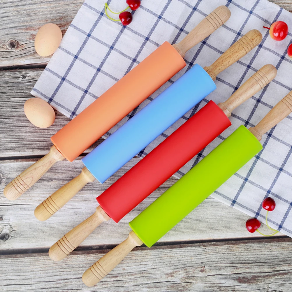 

Silicone Dough Rolling Pin Wood Handle Rolling Pin Non-stick Rolling Stick Roller Baking Tools for Home (Green)