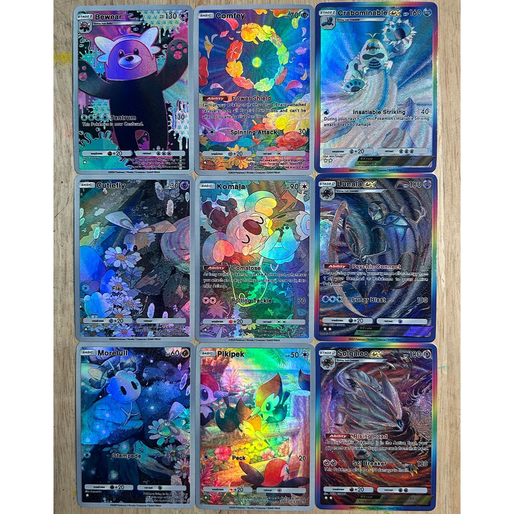 أنيمي PTCG جيب لتقوم بها بنفسك جمع بطاقة الإنجليزية Wishiwashi Bewear Mimikyu Drampa Cosmog تنقش الملمس فلاش بطاقة المشجعين هدية لعبة