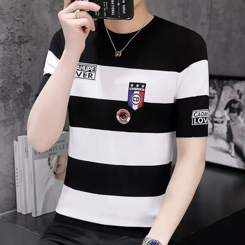 Men\'s Summer Printed Crew-neck Striped Short-sleeved T-shirt Trouser Suit Thin Casual Trend Fashion Sportswear Two-piece Set