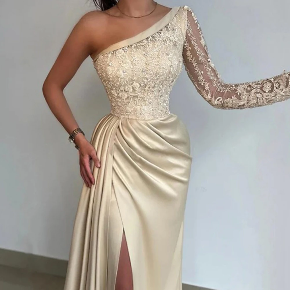 Sexy Prom Dress For Women One Shoulder High Split Evening Gowns Sheath Lace Floor Length Party Dresses فساتين السهرة