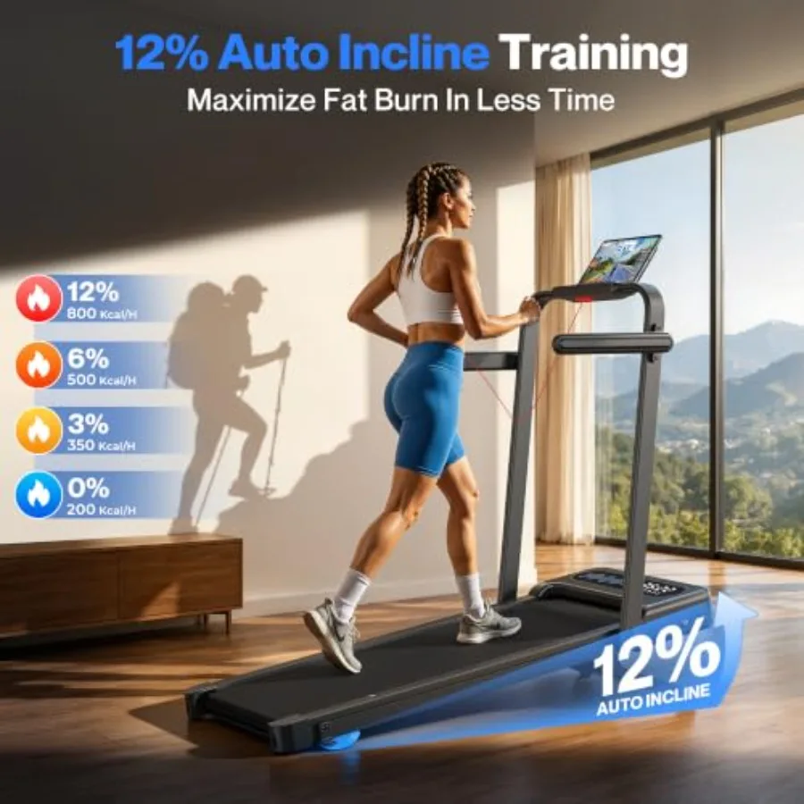 Walking Pad with 12% Auto Incline and Handle Bar, Foldable Treadmill