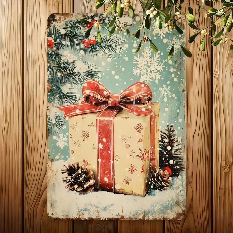 Vintage Christmas Metal Tin Sign, Gift Box & Snowflake Design - Iron Wall Art with Pine Cones & Red Bow, Perfect for Xmas Decor,