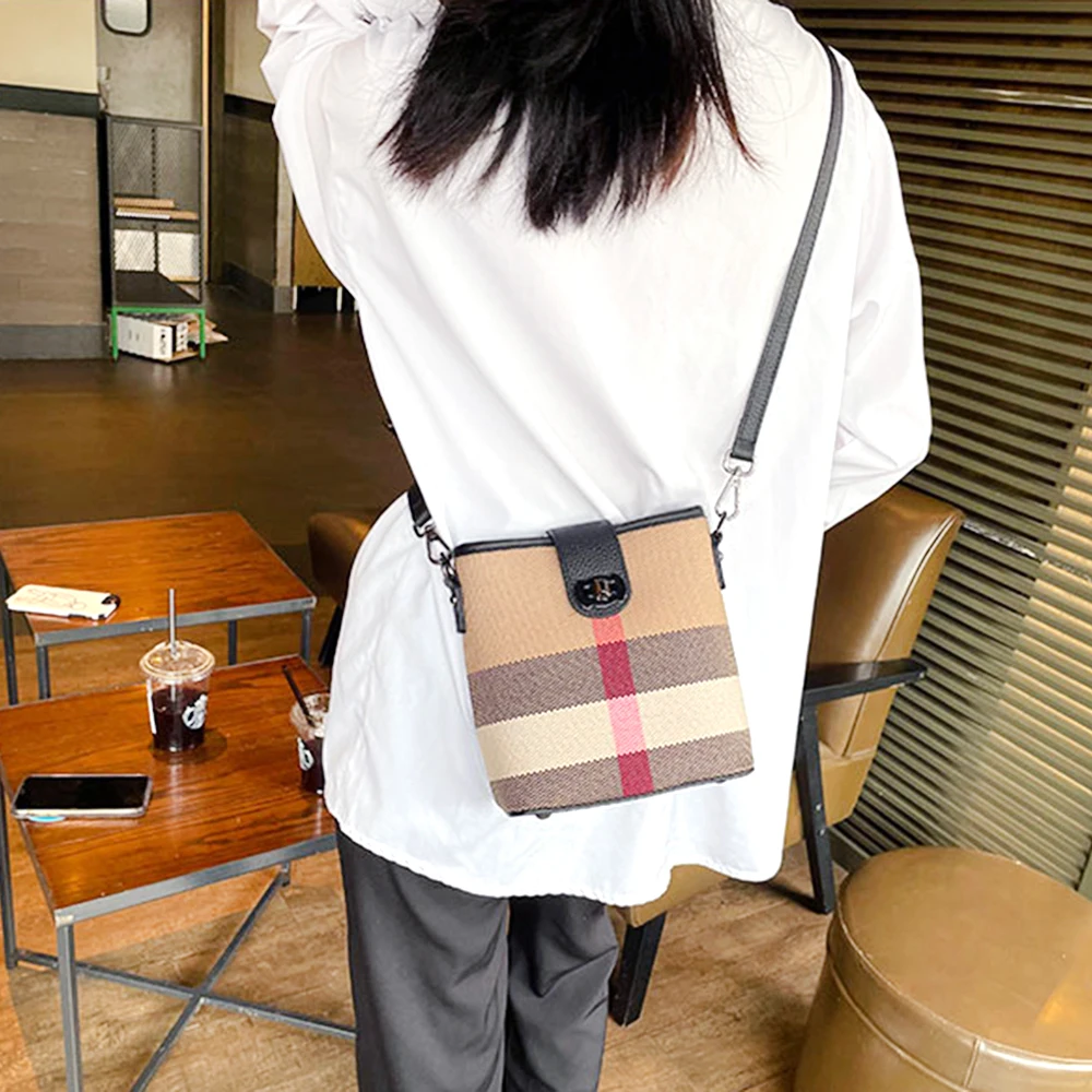 Fashion Stripe Canvas Women Shoulder Bag Luxury Plaid Leather Female Bucket Messenger Bag Retro Lady Crossbody Purse Handbag