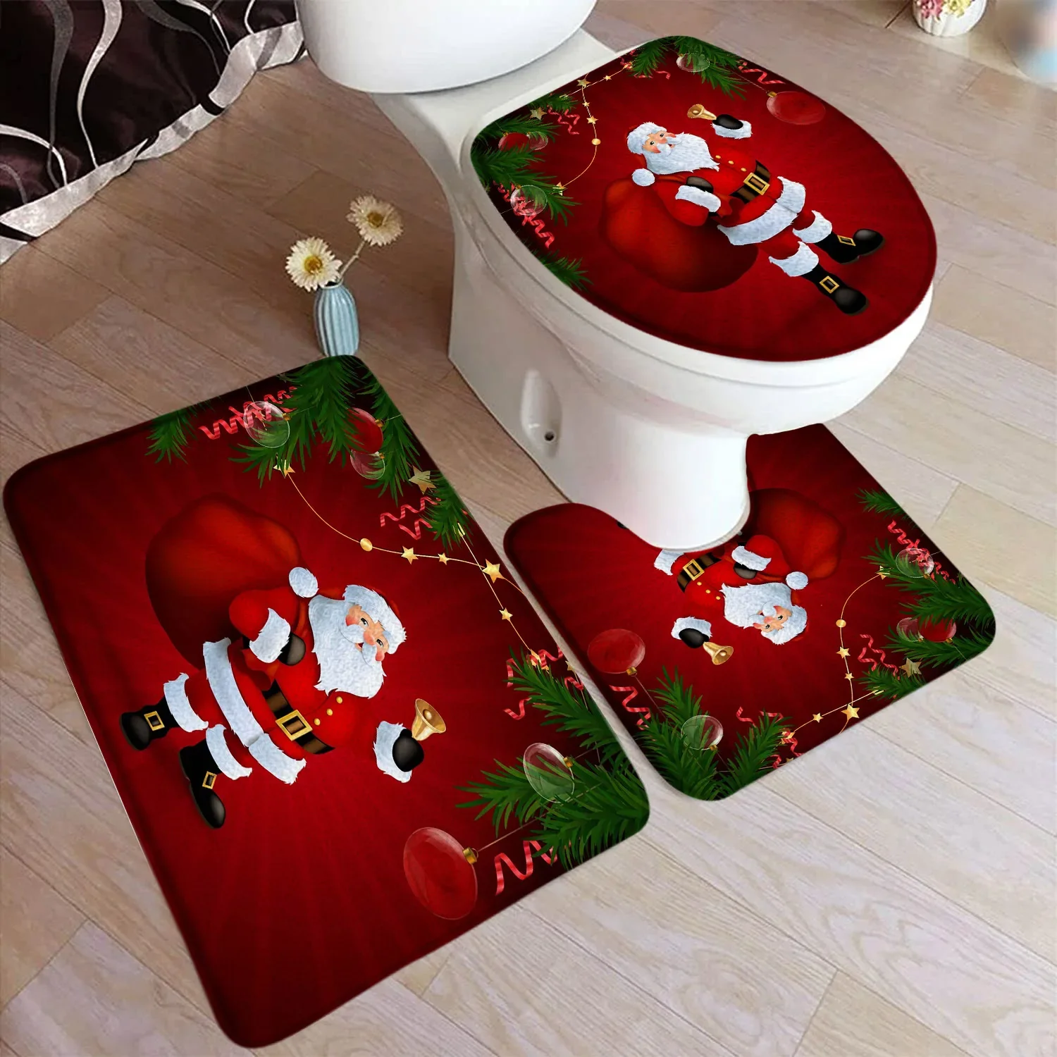 Red Christmas Bath Mat Set Santa Claus Elk Green Pine Branch Xmas Ball Home Carpet Non-slip Bathroom Decor Rugs Toilet Lid Cover