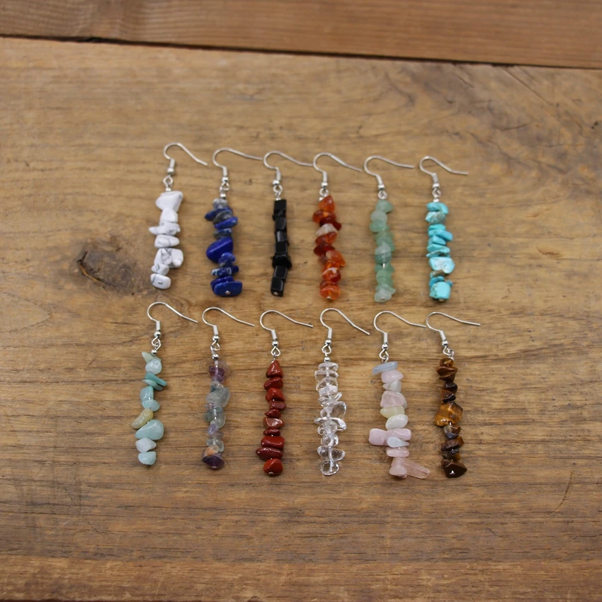 Bohemia Natural Stone Gravel Tassel Earring Raw Crystal Fluorite Chips Charm Dangle Reiki Hook Eardrop Women Jewelry Gift QC7028