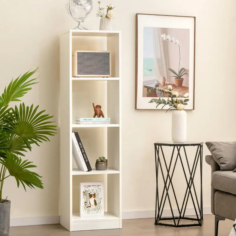 Narrow Bookshelf, 5 Tier 4 Cube Storage Shelf, Freestanding Bookcase Organizer for Living Room, Bedroom, Home Office, White, with 4 Wall Anchor Kits