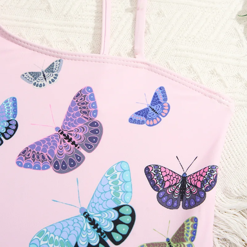 Butterfly Print Girls One Piece Swimsuit 4-7 Year Kids Swim Suit Infant Children\'s Swimwear 2025 Pink Bathing Suits with Skirt