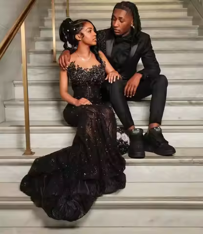 Shiny Sequins Lace Mermaid Prom Dress With Crystals Rhinestones Diamond Evening Gown Customized Aso Ebi Wedding Party Gala Dress