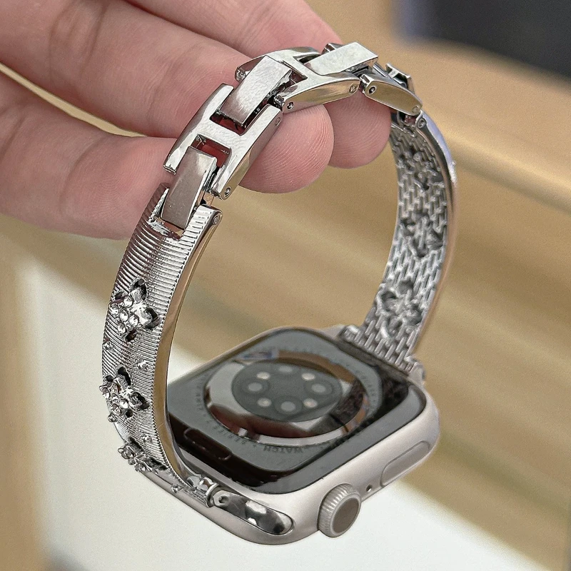 أربعة أوراق زهرة الماس حزام لساعة أبل S11 10 9 8 7 6 5 4 سليم سوار معدني Iwatch الفرقة 40 مللي متر 44 38 49 46 42 41 45 مللي متر