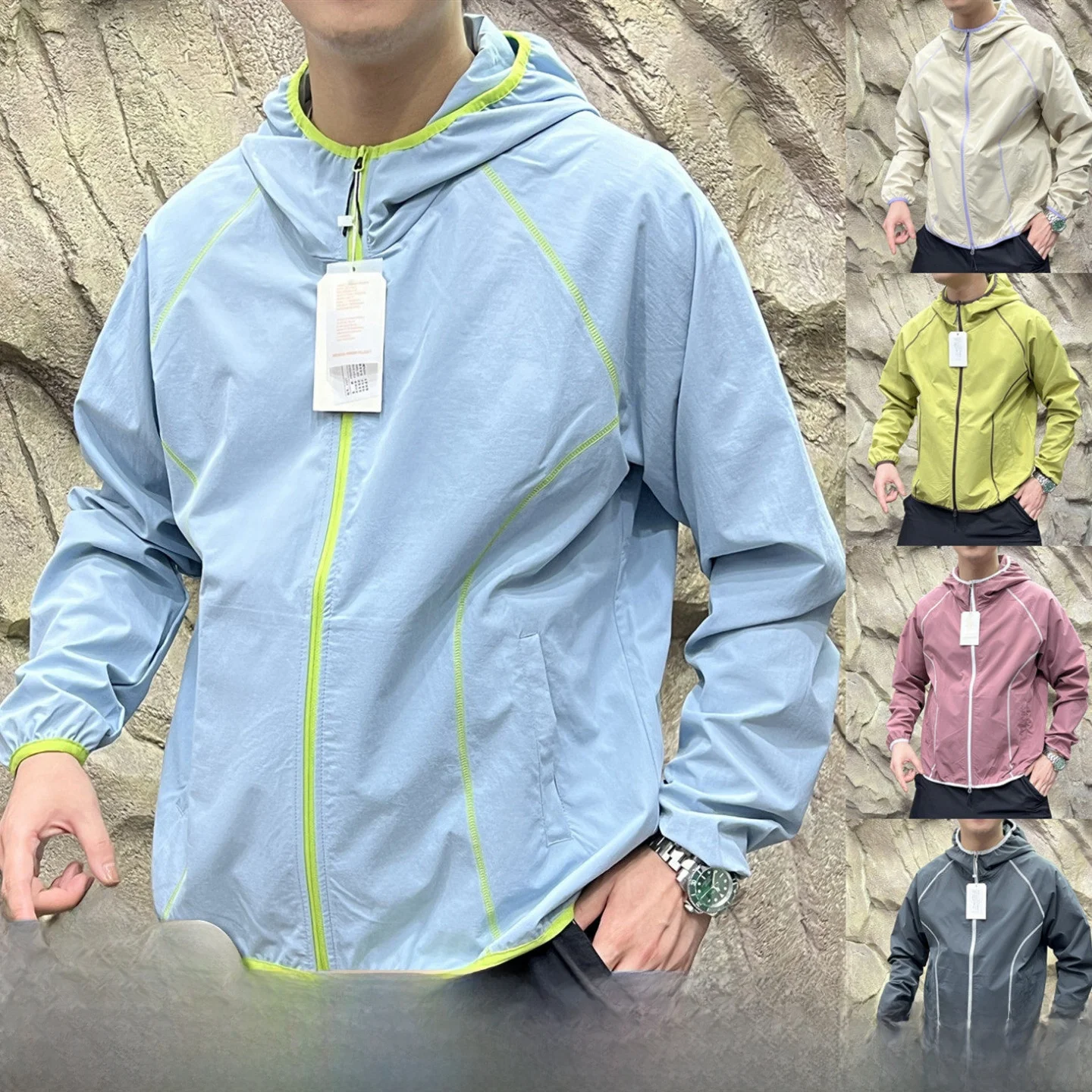 

Outdoor Casual Sle Jaet for Couples Bright Stitching Decorated Versatile Leisure Hooded Zipper Closure Polyester Fiber