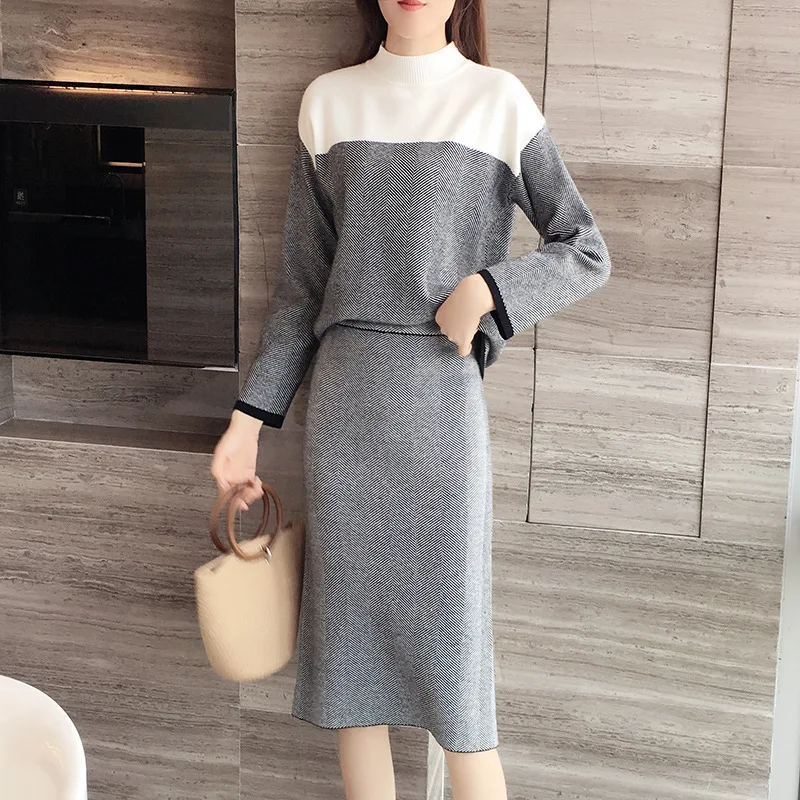Women's Black White Contrasting Knitted 2-Piece Set Autumn Winter Small Fragrant Sweater Half Skirt Ensemble New 2026