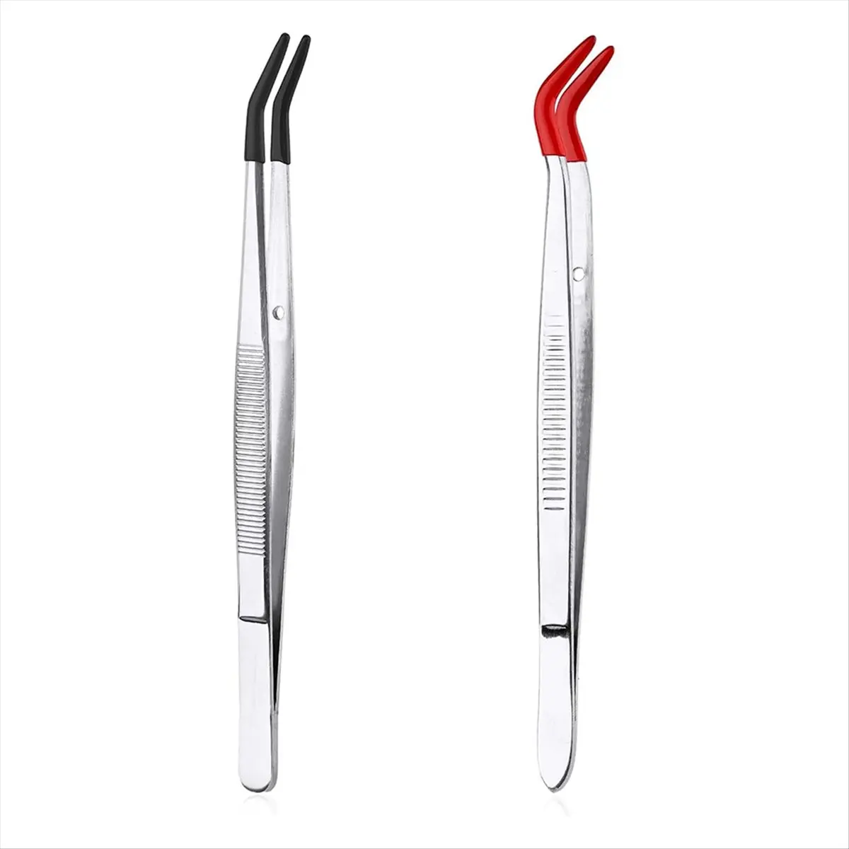 A74U 2pcs Bent Tweezers with Rubber Tips, Curved Flat Tip Tweezer Stainless Steel Angled Grip Gem Stamp Sticker