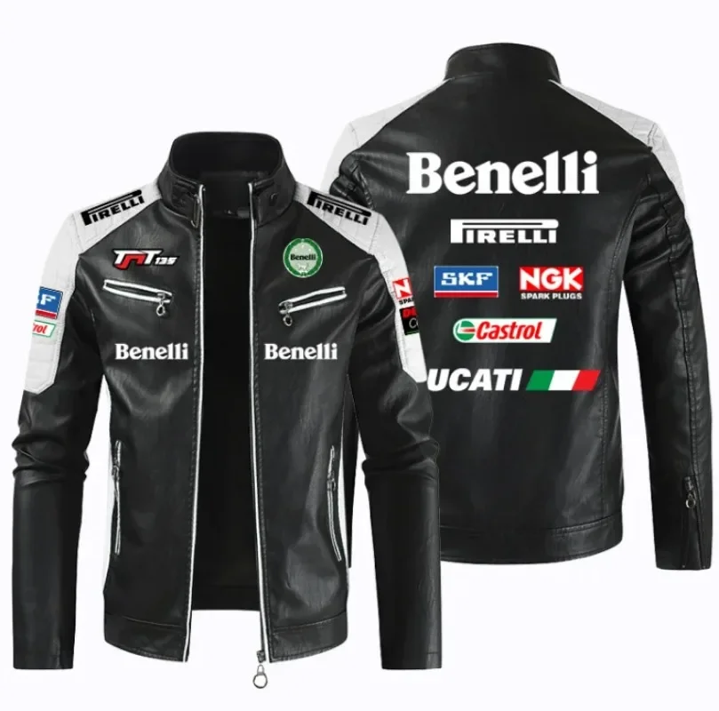 BENELLI Car Logo motorcycle PU Leather Jacket Patchwork Biker Jackets Casual Zipper Coat Male Motorcycle Jacket Outwear Coat