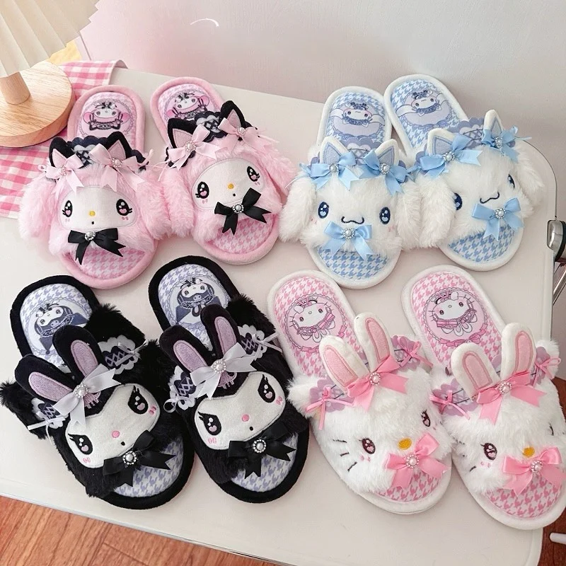 

Тапочки в стиле Лолиты с героями мультфильмов для девочек «Hello Kitty My Melody», осенне-весенняя домашняя модная обувь на плоской подошве, мягкая домашняя обувь, подарки