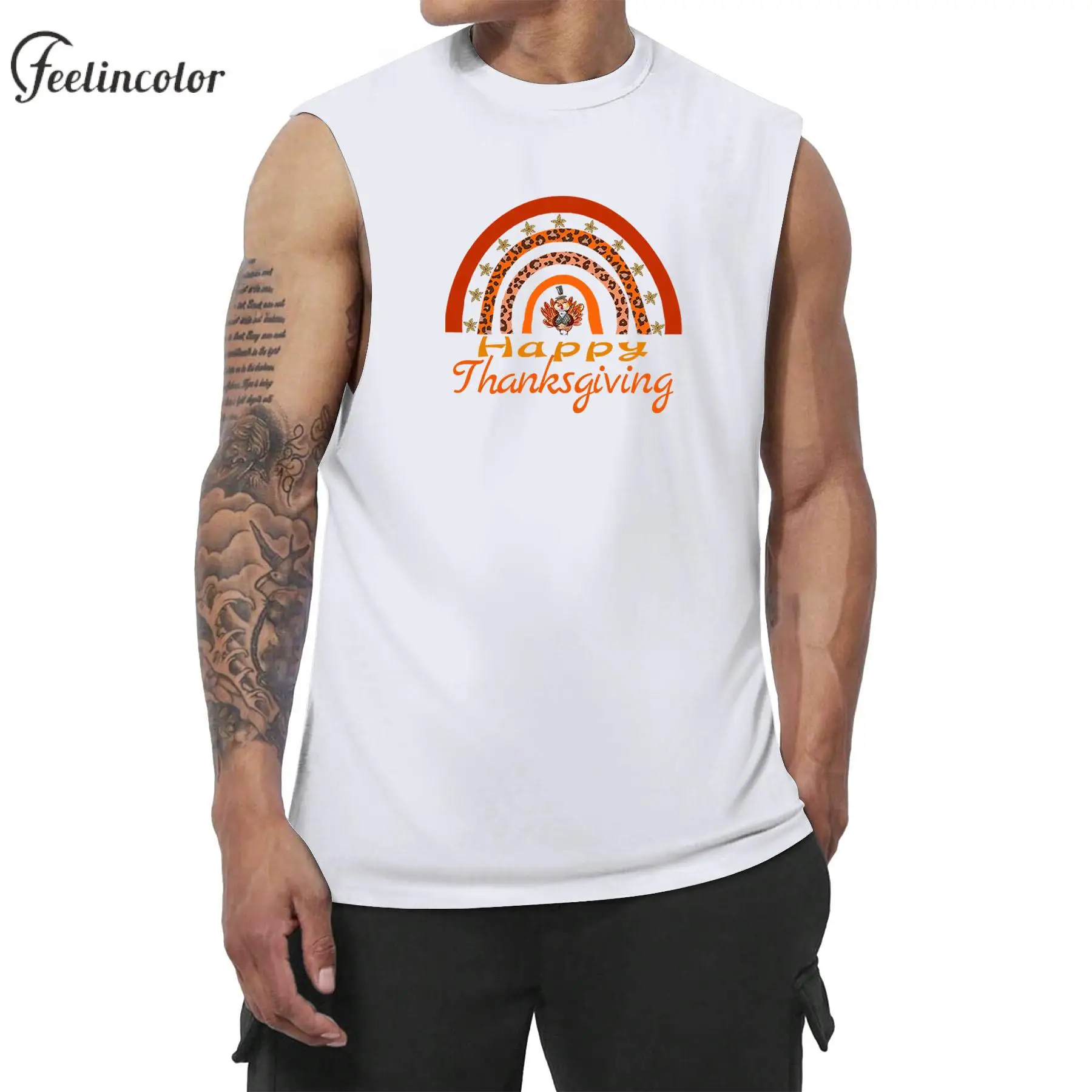 Happy Thanksgiving Tank Top for Men White Streetwear It's Turky Time Graphic Vest Summer Sleeveless T-Shirt Fancy Casual Clothes