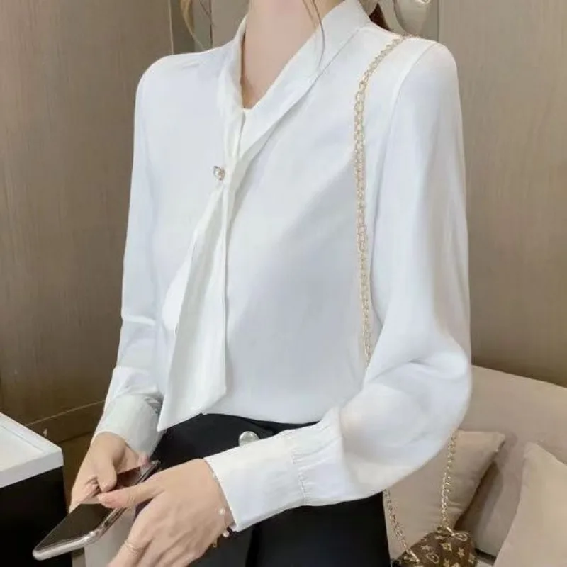 Elegant Women's Satin Shirt Summer V-neck Blouses Pullover Ladies Top Long Sleeves Chiffon thin Bow White Shirt Woman Clothing