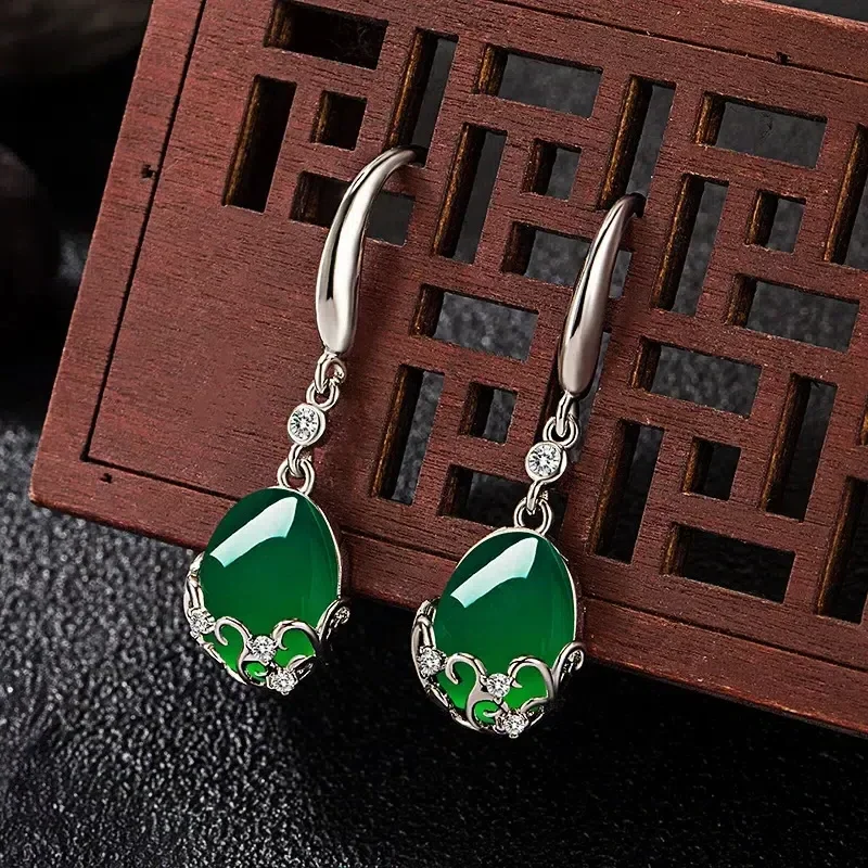 Pendientes de flor de ágata de Jade Natural, joyería de piedras preciosas talladas, amuleto de piedra talismanes, regalos para mujeres, plata 925