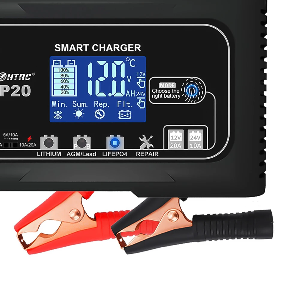 Chargeur automatique de batterie de moto, écran LCD, AGM GEL, plomb-acide, voiture, 12V, 20A, 24V, 10A, 7 étapes