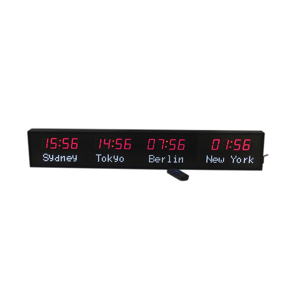 Industrial Metal LED 4-City World Clock Digital Multi-Time Zone -12/24-Hour Clock with Green Light