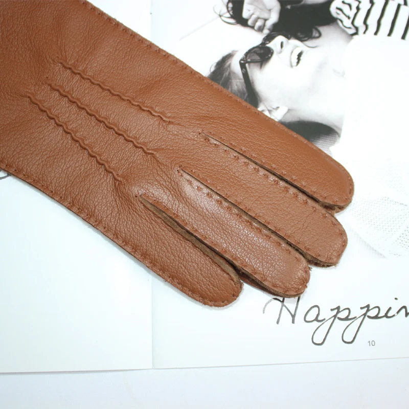 Women\'s deerskin gloves touch screen hand sewing process wool knitted lining breathable warm corrugated driving leather gloves