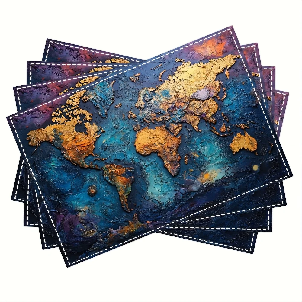 4pcs, World Map Placemats Set of 4 Vintage Style Linen Table Mats Travel Theme Decor