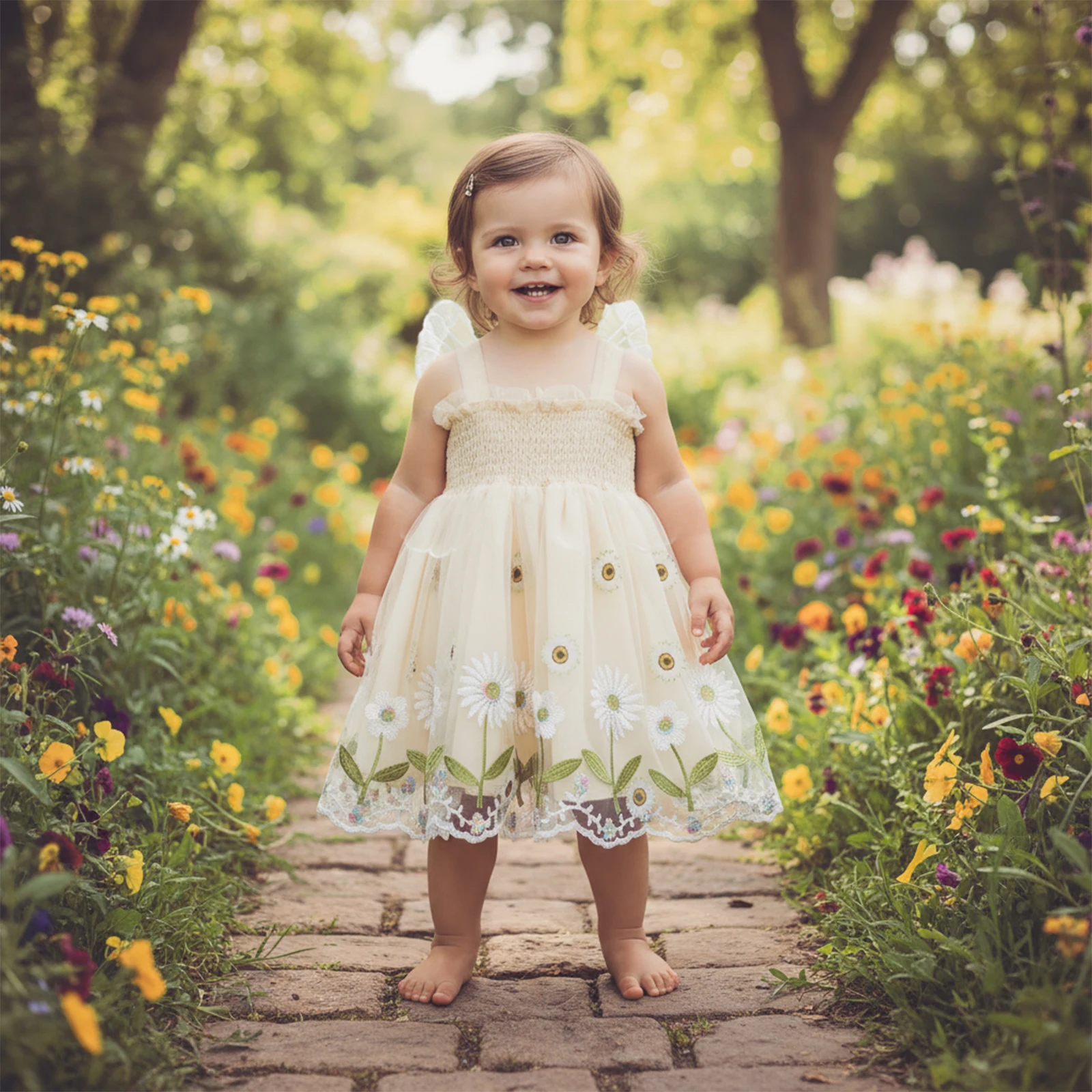 Toddler Kids Baby Girls Sleeveless Dress Princess Floral Embroidery Double Layered A-Line Dress with Sequin Butterfly Wing