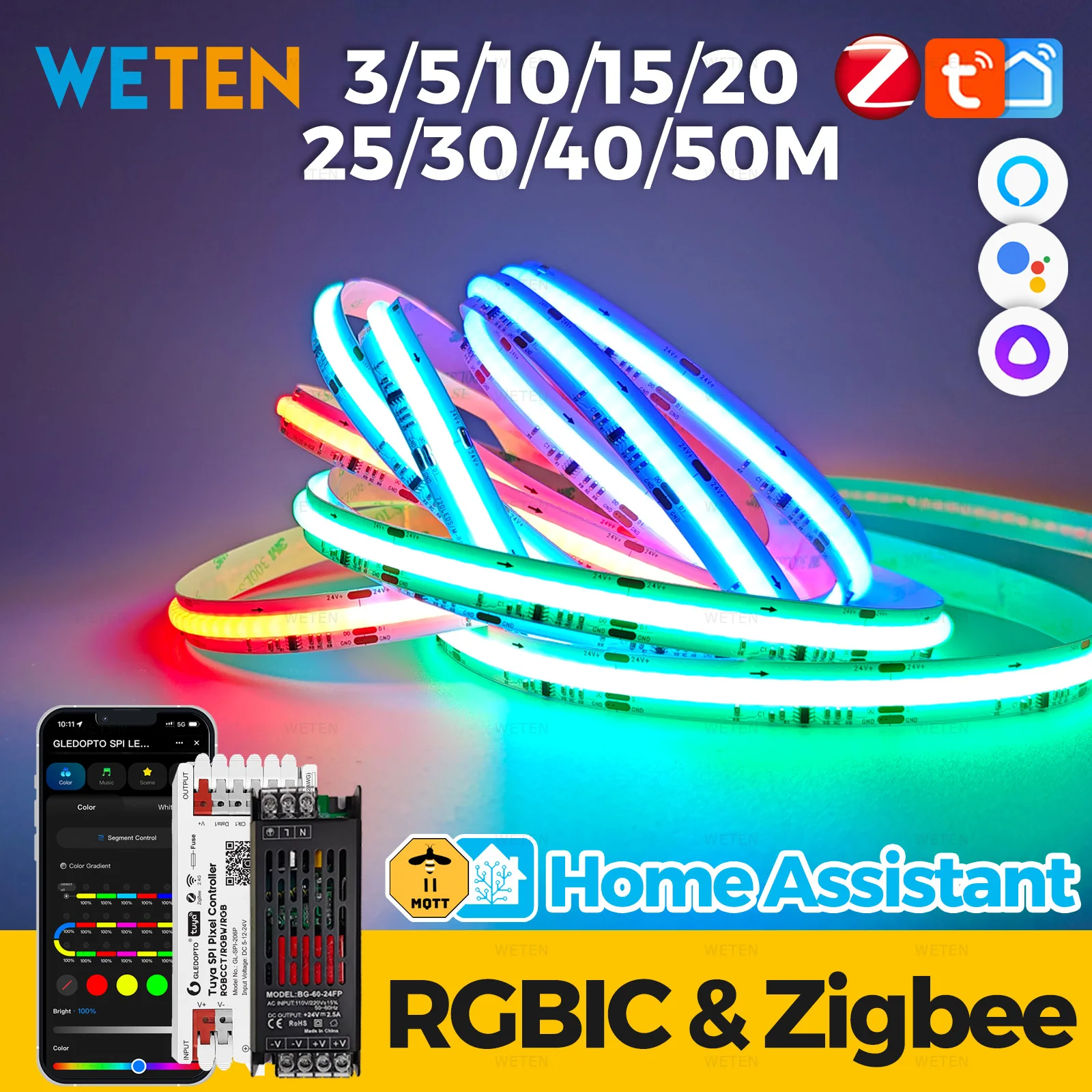 Tuya Zigbee RGBIC COB LED Strip Light Kit RGB Addressable Music Sync Work with Zigbee2mqtt Home Assistant Alexa Google Home 24V