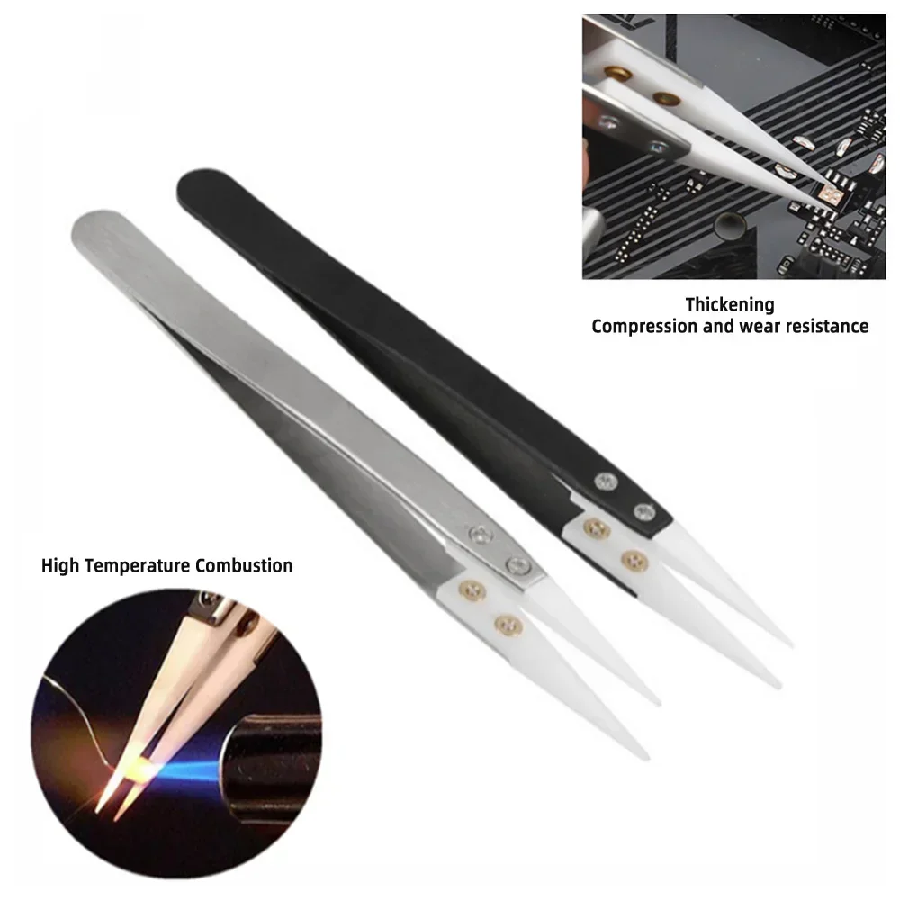1pcs Anti-Static Ceramic Tweezers Stainless Steel Industrial Ceramic Tweezers Insulated Straight Tip Black-Whit Tweezers