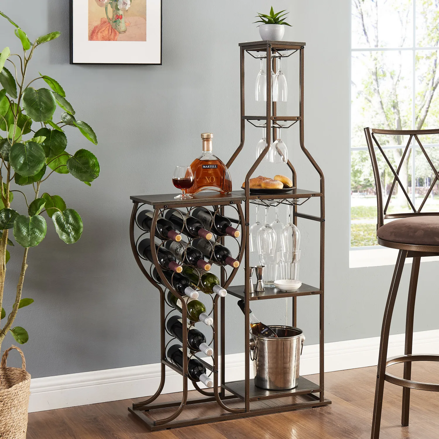 Grey 11 Bottle Wine Bakers Rack with Hanging Wine Glass Holder and Storage Shelves, 5 Tier Freestanding Wine Storage Bar for Kit