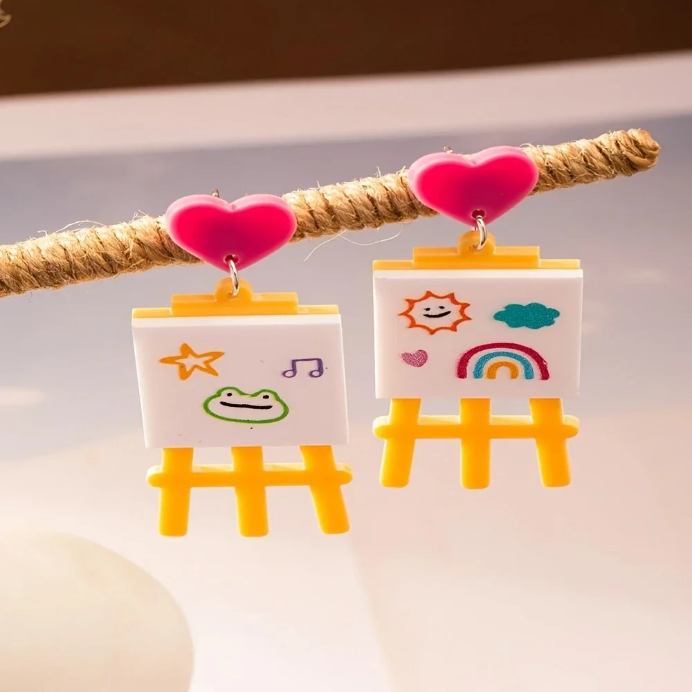 Pair of Cute Acrylic Cartoon Earrings - Mini Sun, Rainbow, Cloud & Heart Designs with Smiling Faces, Perfect for Back-to-School