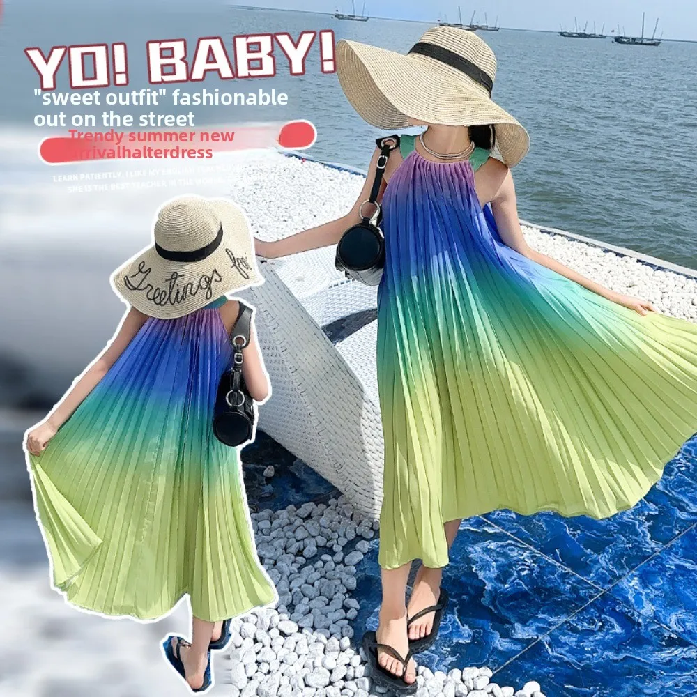 

Детская юбка без рукавов для пляжного отдыха, праздничное детское плиссированное платье с рюшами и подтяжками, повседневное платье градиентного цвета