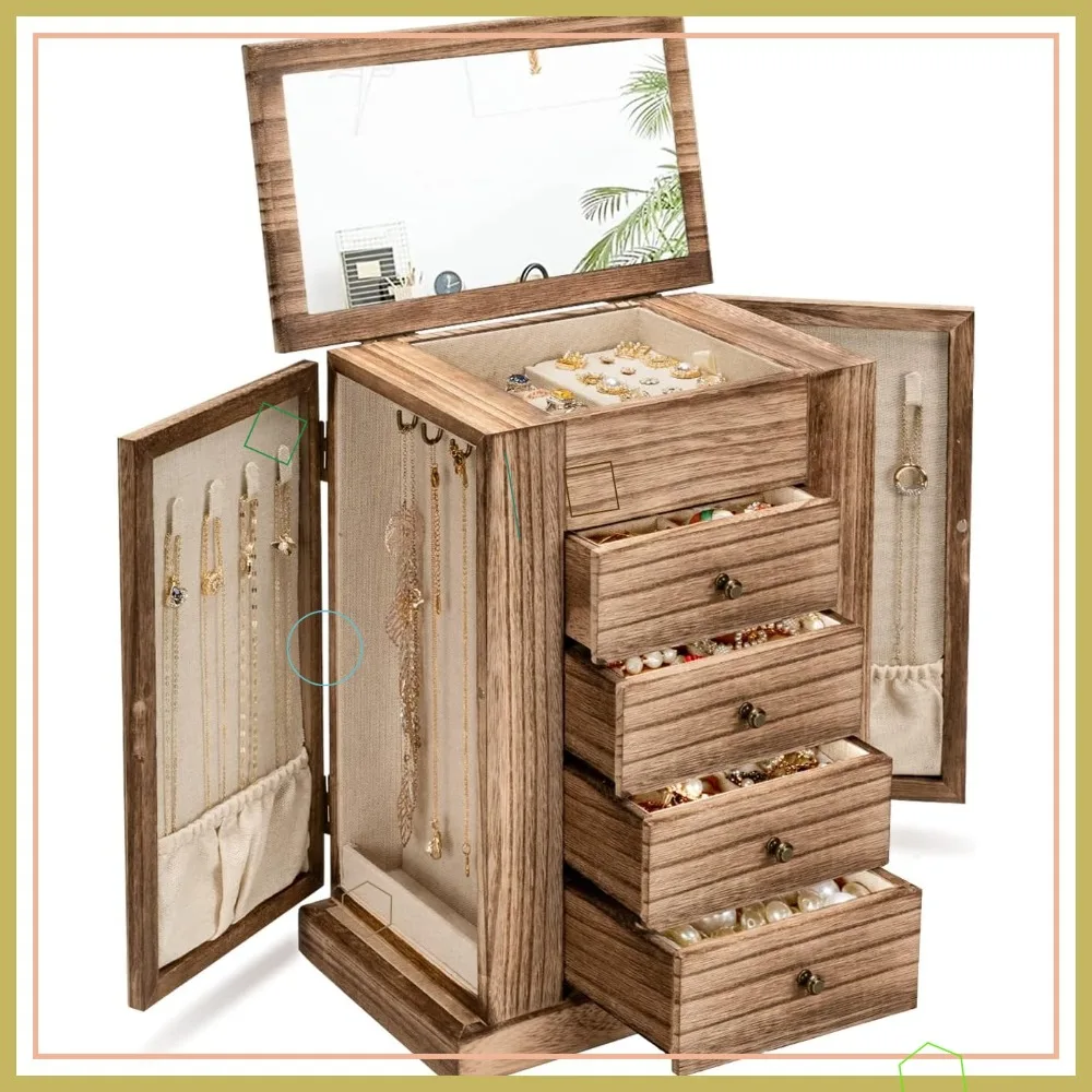 

5-уровневый деревянный органайзер для украшений с ящиками и зеркалом для ожерелий, серег, колец, браслетов - в деревенском стиле, угольно-черный