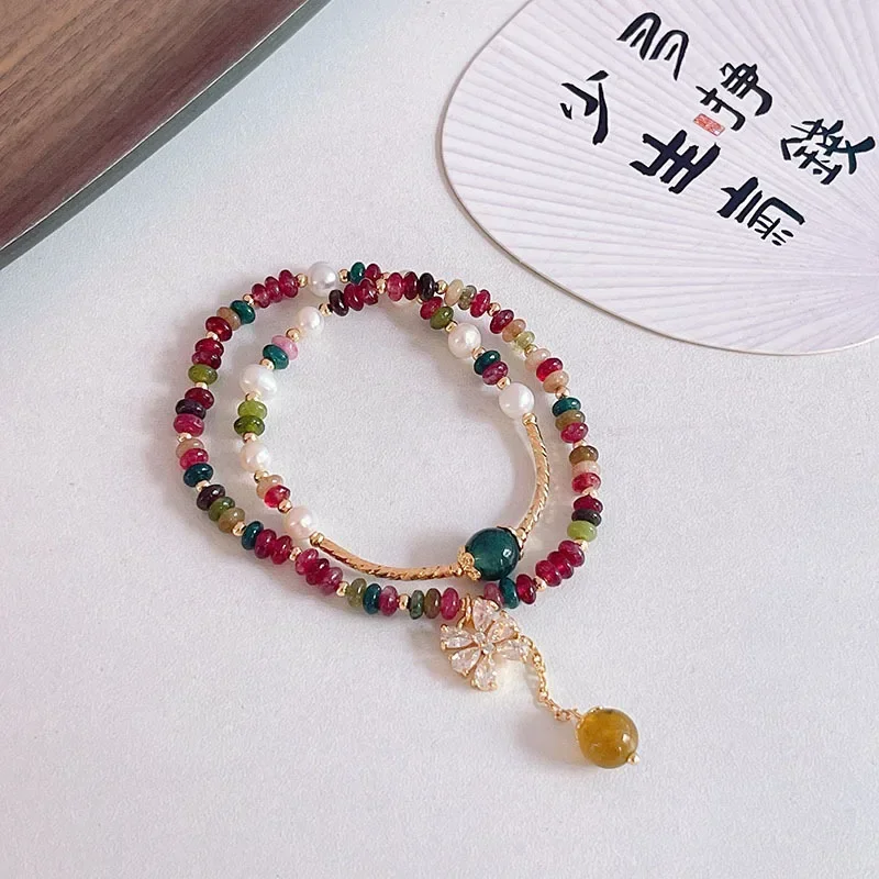 Natural Stone Colorful Pearl Dopamine Beaded Bracelet for Women Light Luxury Minority 2024 New Multi-Circle Flower Bracelet