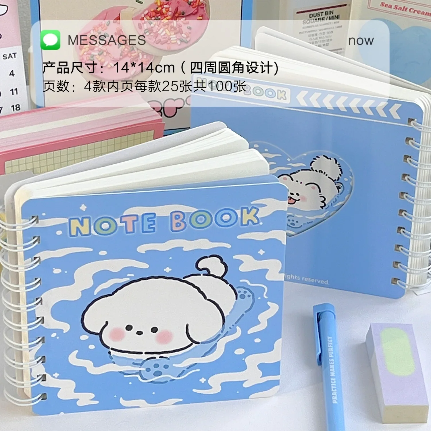 IFFVGX 100 Original Design Kawaii Bib White Dog Spiral Coil  Notebook Sketchbook Painting Diary Drawing Office School Stationery