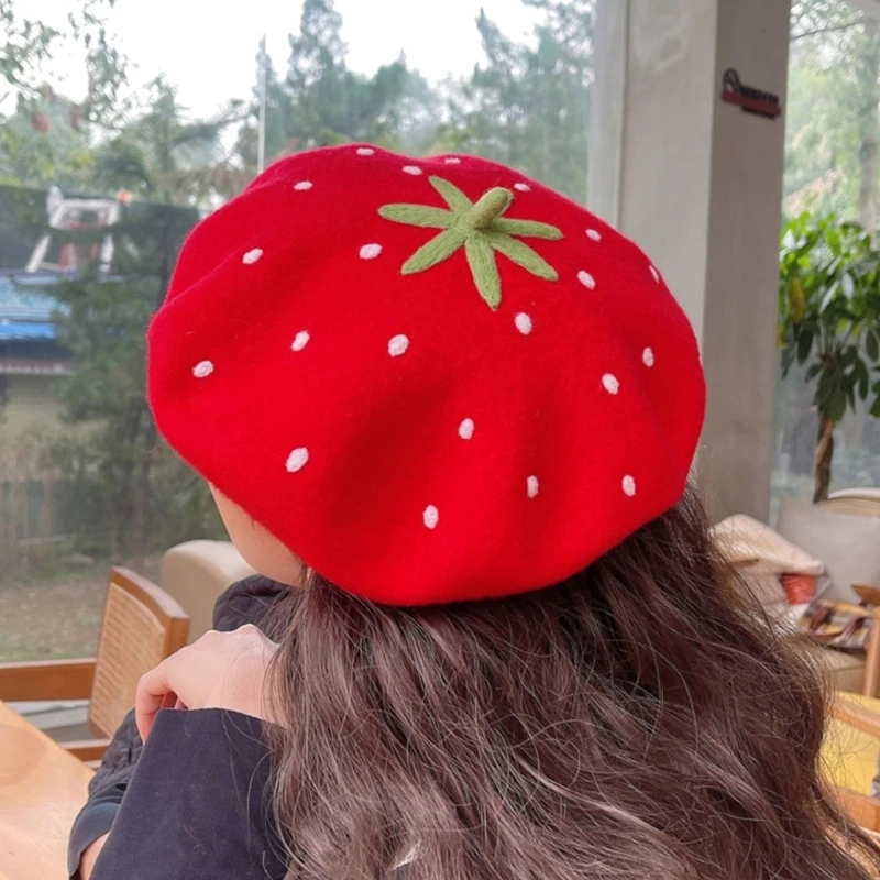 Strawberry Hat Handmade Wool Felted Painter Hat Adjustable Size for Women and Fashion Enthusiasts