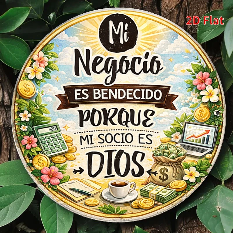 2D Flat, 7.87x7.87inch Aluminum Sign, Mi Negocio Es Bendecido Porque Mi Socio Es Dios, Spanish Business Wall Decor,