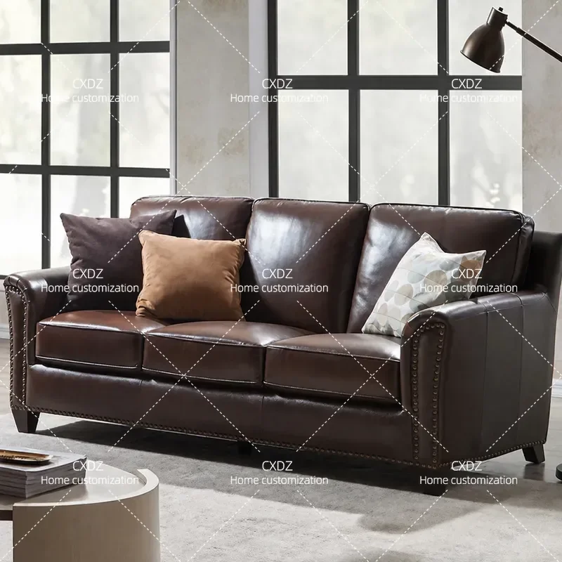 American Style Leather Sofa Top Grain Cowhide Solid Wood Frame Retro 3 Seater Couch for Small Apartment Living Room Furniture