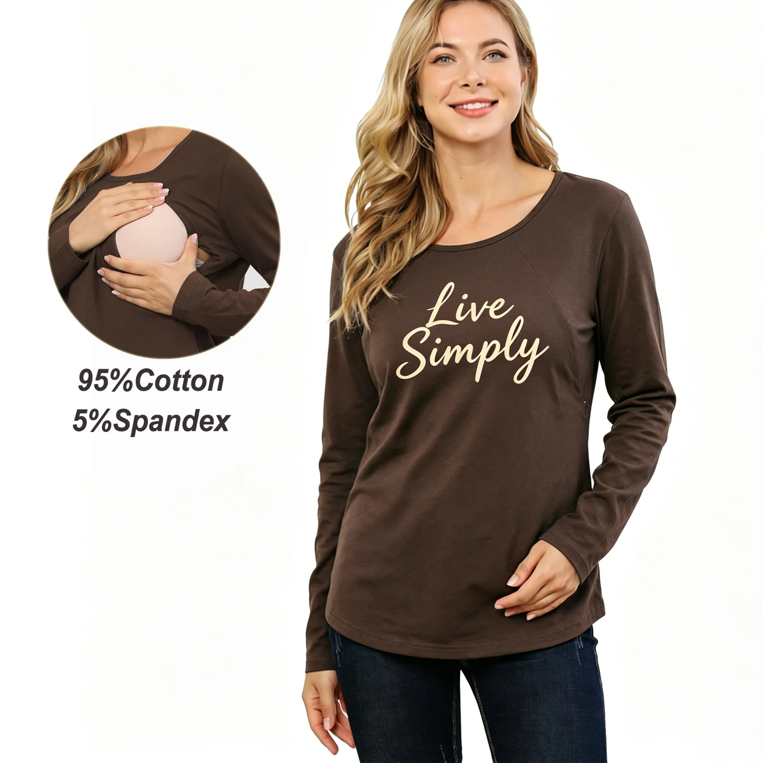 

Round Neck Long Sleeve Maternity Nursing T-shirt Hidden Lift-Up Breastfeeding Opening Loose Fit Plus Size Spring Autumn Top